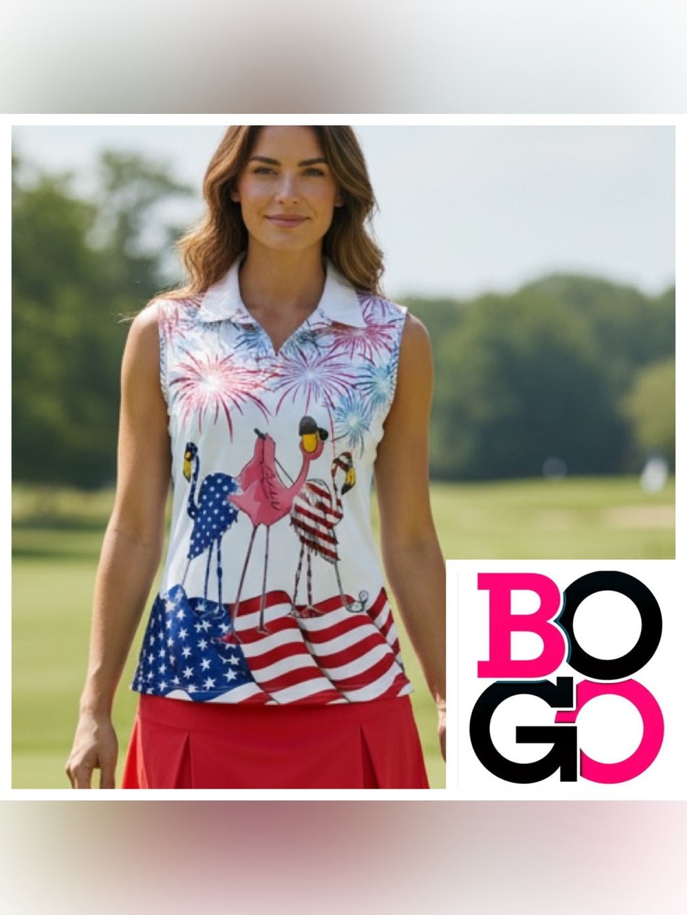 Garment One Sleeveless Patriotic Flamingo Polo Top - White/Red/Blue size large